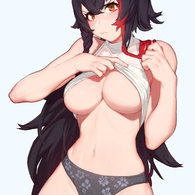hololive, ookami mio, kollerss, angry, animal ears, bangs, bare shoulders, black hair, blush, breasts, clothes lift, eyelashes, female, hololive gamers, large breasts