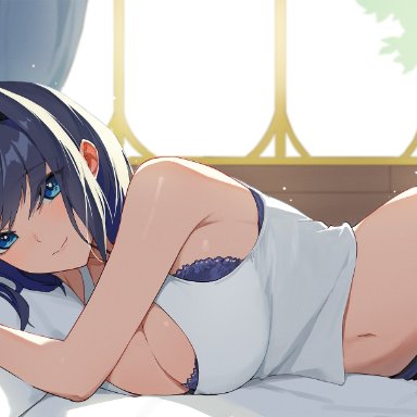 hololive, hololive english, hololive english -council-, ouro kronii, jasonkim, 1girls, bed, black hair, blue eyes, cleavage, female, female only, hairband, in bed, morning