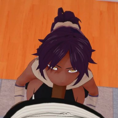 bleach, koikatsu, shihouin yoruichi, yushiro shihouin, artist request, big breasts, big penis, brother and sister, dark-skinned female, dark-skinned male, fellatio, incest, large penis, older female, older sister