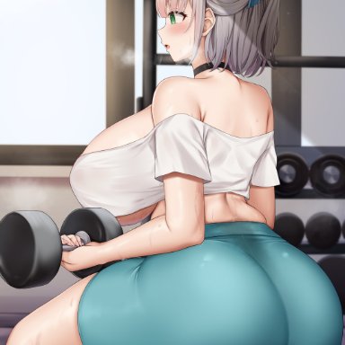 hololive, shirogane noel, kusana (dudqja602), 1girls, ass, big ass, big breasts, big butt, blush, breasts, choker, green eyes, huge ass, huge breasts, huge butt