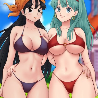 dragon ball, dragon ball gt, bulla (dragon ball), pan (dragon ball), chronosth1, 2girls, aged up, aqua eyes, aqua hair, beach, big breasts, bikini, black hair, breasts, chilling