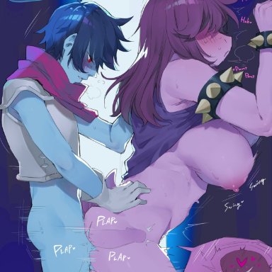 deltarune, kris (deltarune), susie (deltarune), ss komu, 1boy1girl, after sex, alley, cervix kiss, dinosaur, female, femsub, male, uterus, uterus penetration, censored