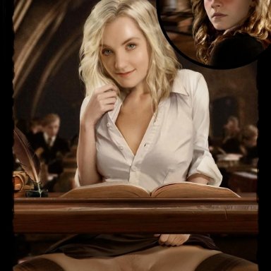 harry potter, hermione granger, luna lovegood, ninjartist, 1girls, blonde hair, blue eyes, blush, brown eyes, brown hair, classroom, cleavage, desk, exhibitionism, female