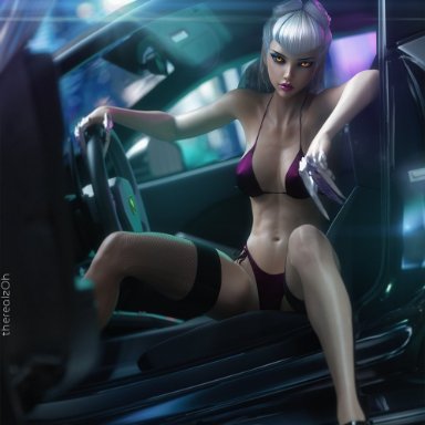 k/da all out series, league of legends, evelynn, k/da all out evelynn, therealzoh, 1girls, bikini, bra, car, female, female only, light-skinned female, light skin, panties, thighhighs