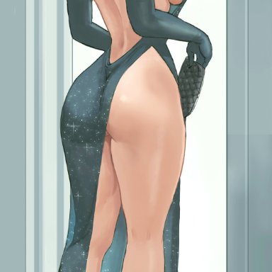 one-punch man, fubuki (one-punch man), zefra bleu, 1girls, armwear, ass, back, back view, bare back, bare shoulders, beauty mark, big ass, big breasts, breasts, clothed