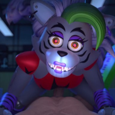 five nights at freddy's, roxanne wolf (fnaf), twitchyanimation, animatronic, earrings, eyelashes, eyeshadow, female on top, glowing eyes, green hair, human, human penetrating, implied penetration, light-skinned male, lipstick