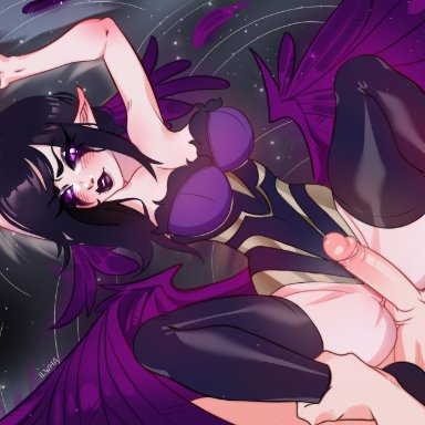 league of legends, morgana, ilewdha, ilwha, 1boy, 1girls, anonymous male, arms above head, arms up, big breasts, big penis, black hair, blush, breasts, clothed female