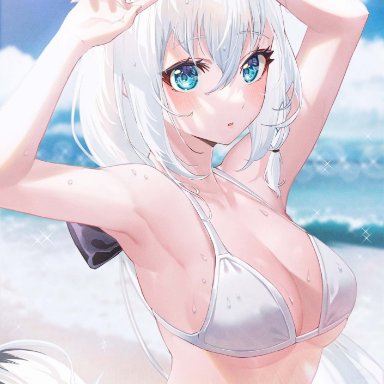 hololive, shirakami fubuki, ahoge, animal ear fluff, animal ears, aqua eyes, armpits, arms up, bangs, beach, bikini, black bow, blush, bow, braid