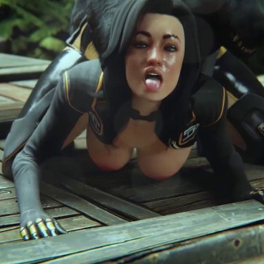 mass effect, mass effect 2, miranda lawson, lucislab, 1animal, 1girl, animal, balls, big breasts, boobs out, canine, canine penis, clenched teeth, closed eyes, clothed sex
