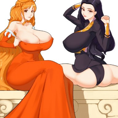 one piece, lemonade omega, nami, nico robin, 47 hard, 2girls, ass, big breasts, black hair, breasts, dress, eyebrows, female, fully clothed, huge breasts