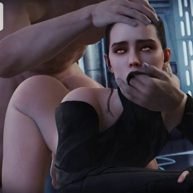 star wars, rey, sith rey, currysfm, 1boy, 1girls, big ass, black hair, black lipstick, faceless male, fingers in mouth, light-skinned female, light-skinned male, muscular male, yellow eyes