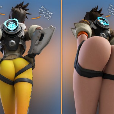 overwatch, lena oxton, tracer, smitty34, bent over, big ass, big butt, bubble butt, hands on hips, large ass, long legs, spiky hair, thick thighs, tight clothing, tights