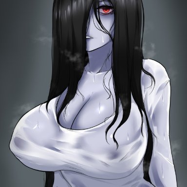 the ring, yamamura sadako, dakosito, 1girls, big breasts, black hair, breasts, eye contact, female, female focus, female only, ghost, hair over one eye, huge breasts, long hair