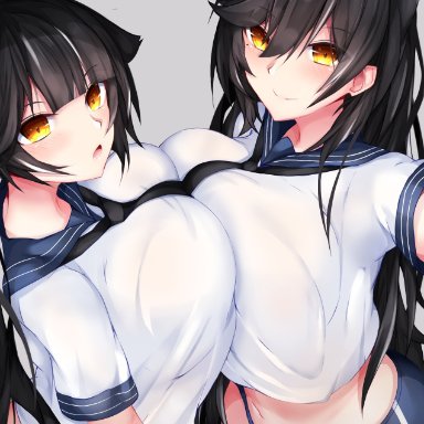 azur lane, atago (azur lane), takao (azur lane), monotosu, 2girls, animal ears, black buruma, black hair, black legwear, breast press, breasts, buruma, closed mouth, dog ears, extra ears