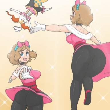 nintendo, pokemon, pokemon (anime), pokemon xy, braixen, serena (pokemon), immortalstar, 1girls, ass, bare shoulders, blue eyes, bow, breasts, brown hair, cameltoe