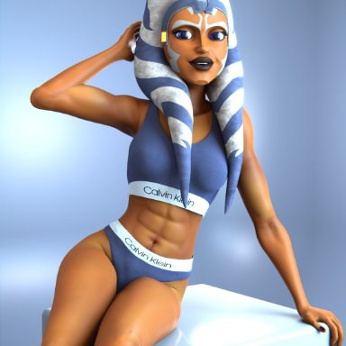 calvin klein, star wars, ahsoka tano, togruta, gladionanimated, 1girls, abs, alien, alien girl, alternate costume, athletic, athletic female, big ass, big butt, clothed