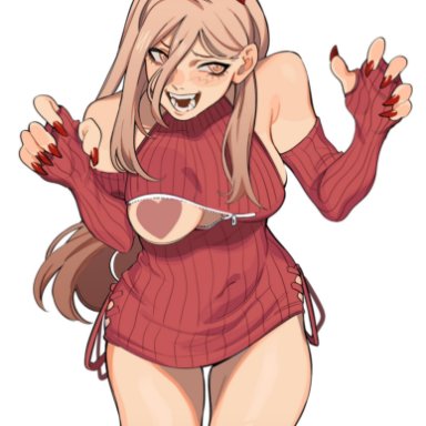 chainsaw man, power (chainsaw man), porqueloin, 1girls, blonde hair, breasts, demon, female only, horns, long fingernails, long hair, red dress, sharp teeth, solo, solo female