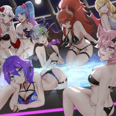 projektmelody, vshojo, froot, hime hajime, ironmouse, melody (projektmelody), nyatasha nyanners, silvervale, veibae, zentreya, 6+girls, aqua eyes, aqua hair, bat wings, bikini