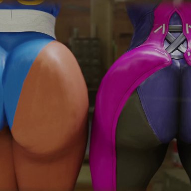 capcom, street fighter, street fighter v, chun-li, juri han, kishi, kishi3d, 2girls, against fourth wall, against glass, ass, ass focus, ass press, bodysuit, from behind