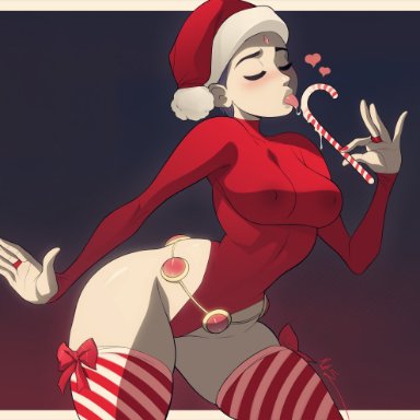 christmas, dc, dc comics, teen titans, raven, triplexmile, candy cane, christmas tree, erect nipples, female, female focus, female only, leotard, licking, nipple bulge