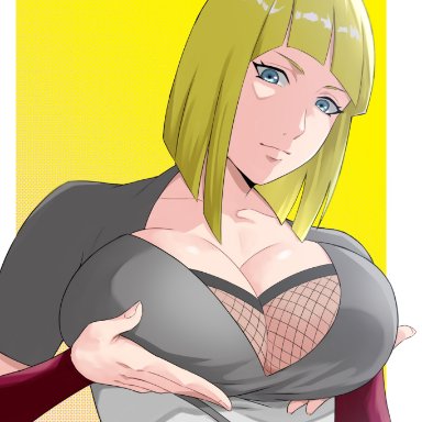 naruto, naruto (series), naruto shippuden, samui, cherrycola, blonde hair, blue eyes, blunt bangs, bob cut, breast hold, busty, clothed, clothed female, female, female only