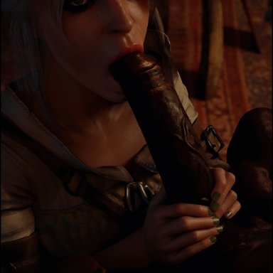 the witcher (series), ciri, tomoganim, dark-skinned male, fellatio, green eyes, large penis, scar, white hair, 3d