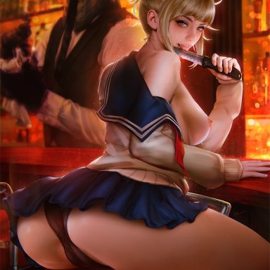 my hero academia, himiko toga, demonlorddante, amber eyes, bar, black panties, blonde hair, licking knife, open topwear, sailor uniform, school uniform, upskirt, realistic