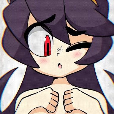 lab zero games, skullgirls, filia (skullgirls), samson (skullgirls), diives, 1girls, black hair, blush, breasts, concerned, cute, female, female only, jiggle, naked