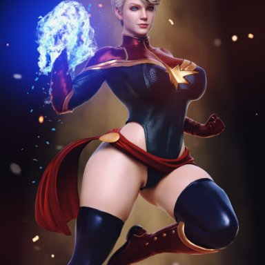 marvel, marvel future revolution, captain marvel, carol danvers, rude frog, 1girls, blonde hair, blue eyes, female, female only, gloves, leotard, looking at viewer, short hair, solo