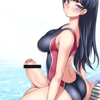 bosshi, 1futa, back, back view, balls, big breasts, black hair, breasts, clothed, clothing, erection, futa only, futanari, heart-shaped pupils, huge balls