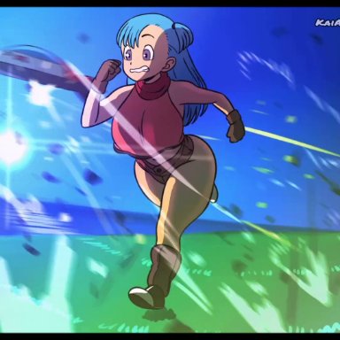 dragon ball, shounen jump, bulma briefs, d-art, thekaimaster07, 1girls, aircraft, blue eyes, blue hair, bouncing breasts, breasts, bullet, bullets, cleavage, daisy dukes