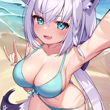 hololive, shirakami fubuki, deaver, 1girls, ahoge, animal ear fluff, animal ears, aqua eyes, bangs, beach, bikini, blush, breasts, cleavage, fox ears