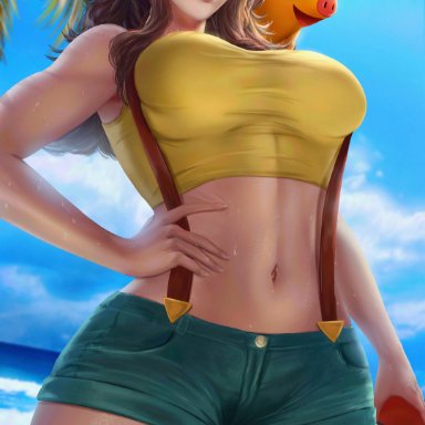 nintendo, pokemon, pokemon bw, pokemon rgby, hilda (pokemon), misty (pokemon) (cosplay), pok&#233;mon (species), tepig, minnhsg, 1girls, belly, cosplay, hat, large breasts, looking at viewer