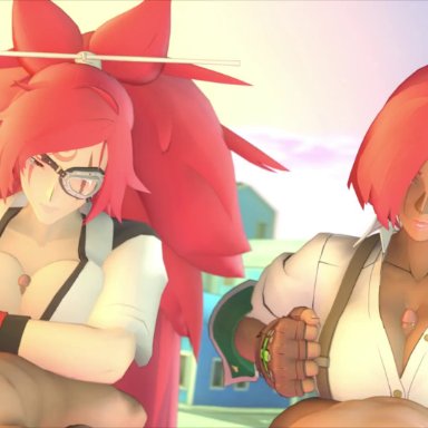 guilty gear, guilty gear strive, baiken, giovanna (guilty gear), 2boys, 2girls, big breasts, bob cut, boobjob, boobs, cleavage, clothed, clothed female, clothed female nude male, clothed sex