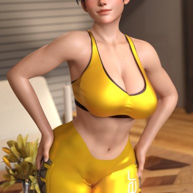 overwatch, tracer, duo (artist), hagiwara studio, 1girls, abs, big breasts, cameltoe, cleavage, female only, muscular female, pose, solo female, thick thighs, 3d