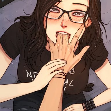 original character, littlemudcrab, 1girls, black hair, blush, fingers in mouth, fully clothed, glasses, goth, grey eyes, heart, metalhead, necklace, pov, pov eye contact