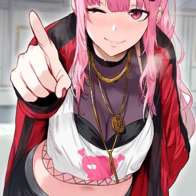 hololive, hololive english, mori calliope, hews hack, belly button, big breasts, cap, cleavage, jacket, pants, pink eyes, pink hair