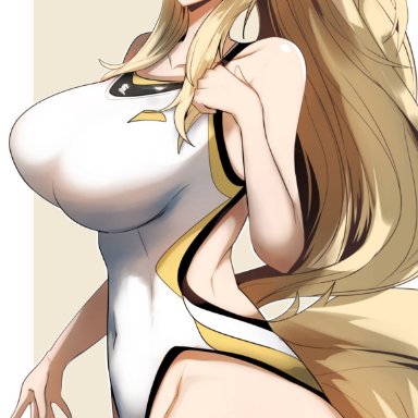 arknights, blemishine (arknights), gin moku, 1girls, animal ears, ass, blonde hair, breasts, female, female only, large breasts, looking at viewer, one-piece swimsuit, skindentation, solo