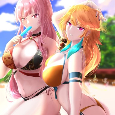 hololive, hololive english, mori calliope, takanashi kiara, ellier23, ass, beach, big breasts, bikini, popsicle, takamori (hololive)