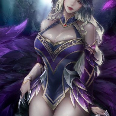 league of legends, riot games, ahri, coven ahri, vastaya, lohel, 9 tails, alternate costume, alternate hair color, alternate hairstyle, animal ear fluff, animal ears, animal girl, big breasts, black hair