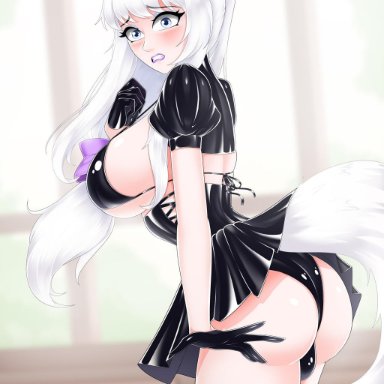 jessicatg, 1futa, animal ears, big breasts, blush, bulge, bulge through clothing, corset, cosplay, doll, flustered, fox ears, fox tail, futa only, large breasts