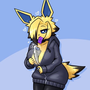 nintendo, pokemon, diana (hoodielazer), eeveelution, jolteon, pok&#233;mon (species), limebreaker, 1futa, anthro, autopaizuri under clothes, autotitfuck, between breasts, big penis, black hair, blonde hair