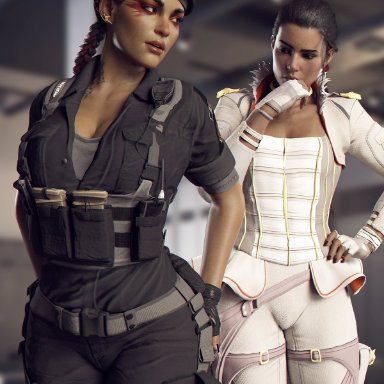 apex legends, rainbow six siege, caveira (rainbow six), loba, loba (apex legends), loba andrade, word2, admiring, cute, sexy, showing off ass, thick ass, tight clothing, two girls, 3d