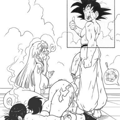 dragon ball, dragon ball out of pannel, bulma briefs, chichi, krillin, son goku, witchking00, 1boy, 2girls, after sex, after vaginal, bukkake, cum, female, threesome