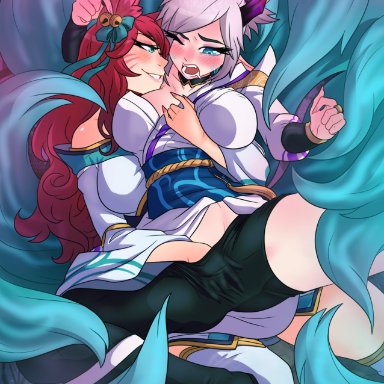 league of legends, riot games, spirit blossom series, ahri, riven, spirit blossom ahri, spirit blossom riven, khartemis, 2girls, big breasts, blue eyes, duo, female, female only, fingering