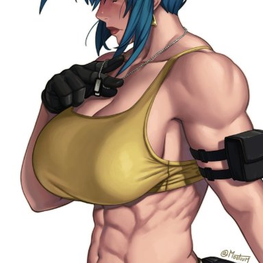ikari warriors, king of fighters, leona heidern, abs, blue eyes, blue hair, camo pants, camouflage, crop top, dog tags, earrings, female, female only, gloves, human