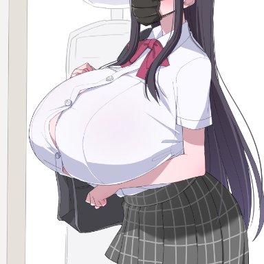 original, akitokage, arm under breasts, bag, bangs, black bag, black hair, blunt bangs, blush, breasts, bursting breasts, bus stop, bus stop sign, collared shirt, cowboy shot