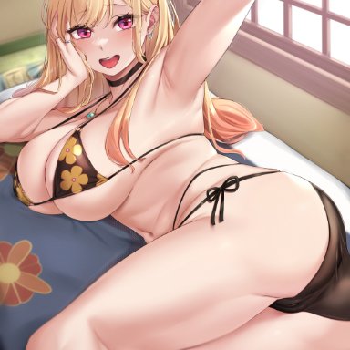 sono bisque doll wa koi wo suru, kitagawa marin, moisture (chichi), 1girls, armpits, ass, big breasts, bikini, blonde hair, blush, breasts, eye contact, female, female focus, female only