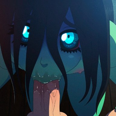 original character, samara (erkerut), black hair, black sclera, blowjob, blue eyes, deepthroat, fellatio, oral, animated, tagme