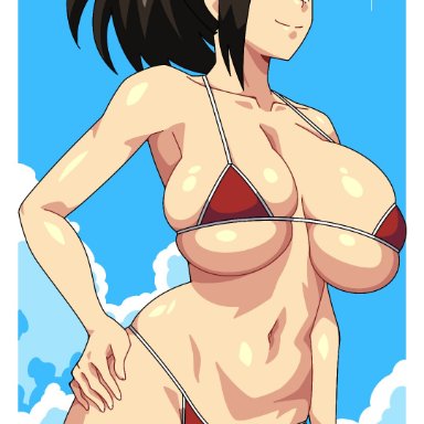 my hero academia, momo yaoyorozu, dus, 1girls, big breasts, bikini, black hair, breasts, eye contact, female, female only, looking at viewer, micro bikini, solo, standing